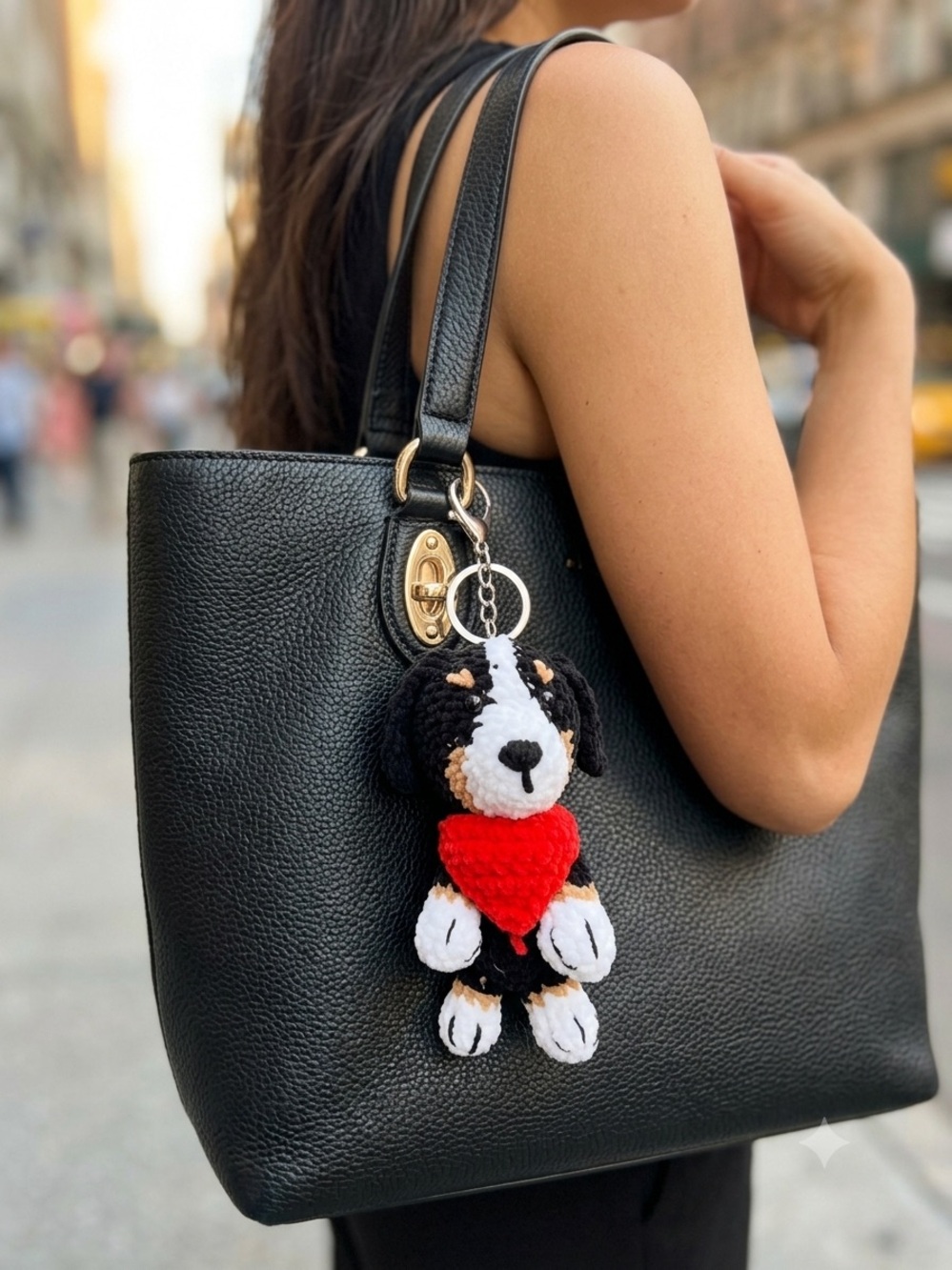 Crochet Keychain Bernese Mountain Dog, Amigurumi Plush Bagcharm, puppy